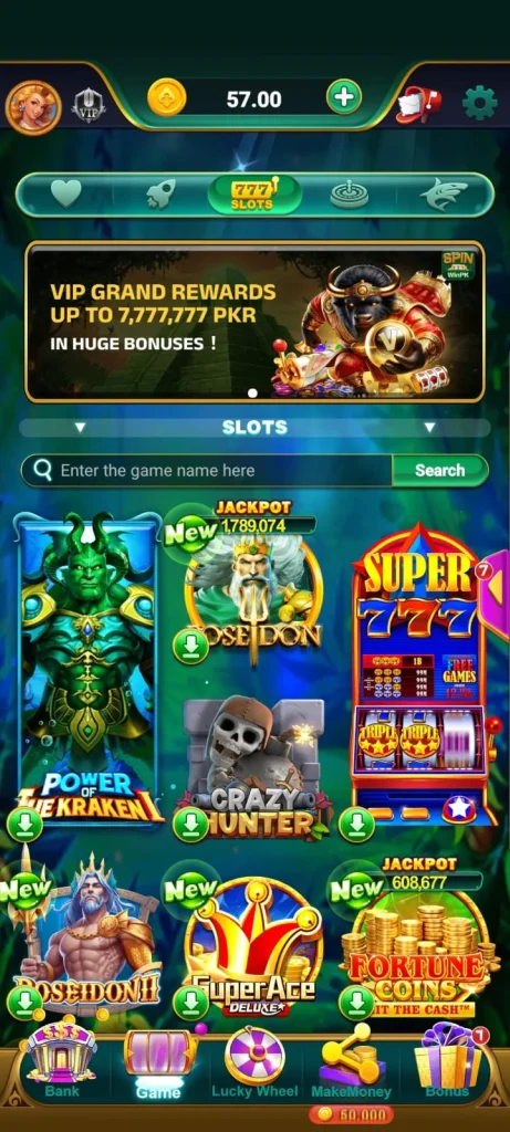 Spin Win PK Game lobby with slots and VIP banner